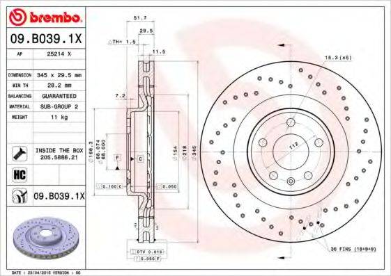 BREMBO 09B0391X гальмівний диск